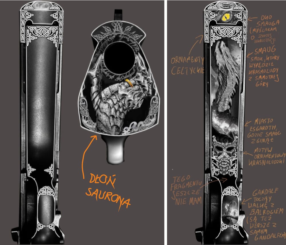 Desert Eagle engraving design: the hand of Sauron at the muzzle, Smaug the dragon and Celtic knotwork