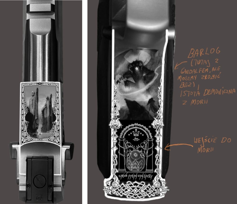 Desert Eagle engraving design: the Argonath, the entrance to Moria and the Balrog
