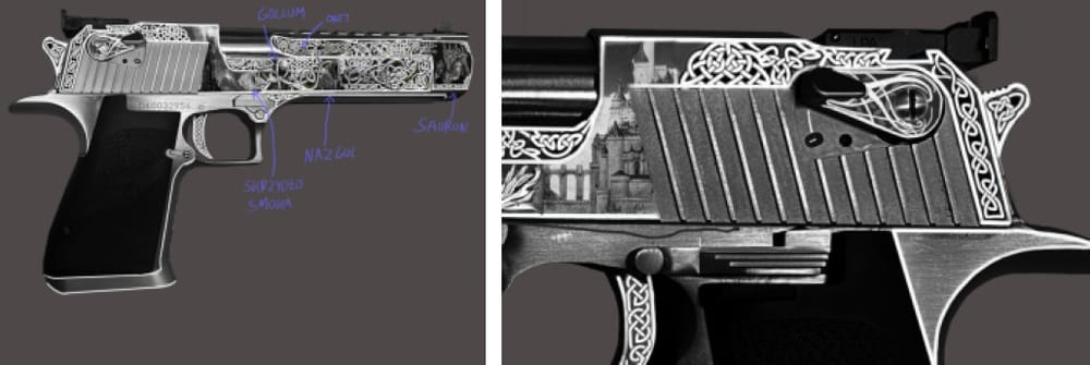 Design for the sides of the Desert Eagle with heroes and enemies from The Lord of the Rings