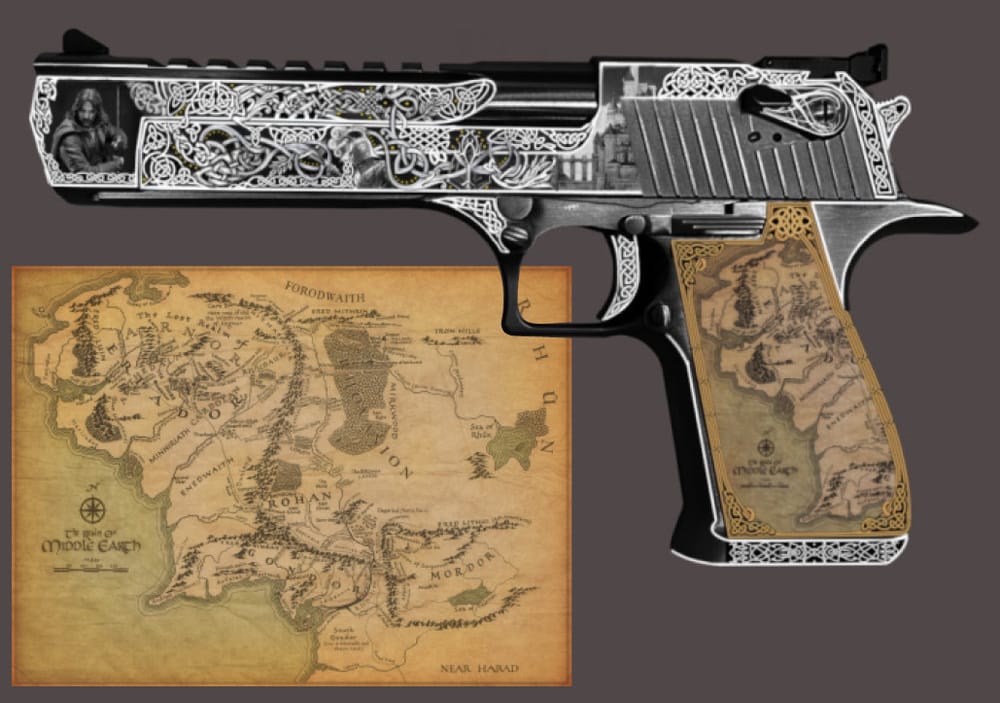 Desert Eagle design with wooden grips showing the map of Middle-earth