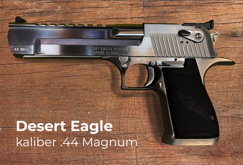 Desert Eagle .44 Magnum pistol on a wooden surface before engraving