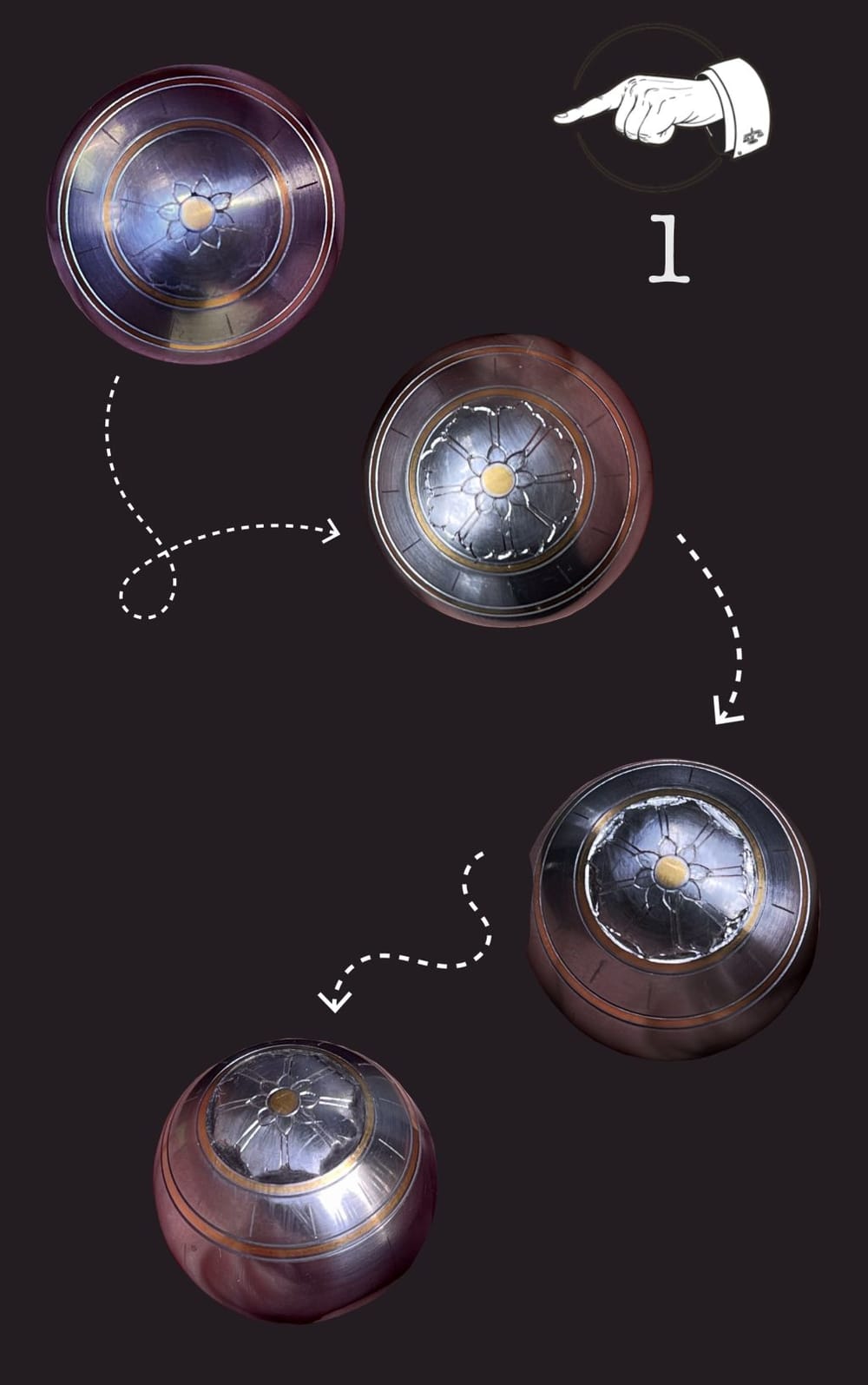 Chart 1: successive stages of engraving a flower on a bolt knob