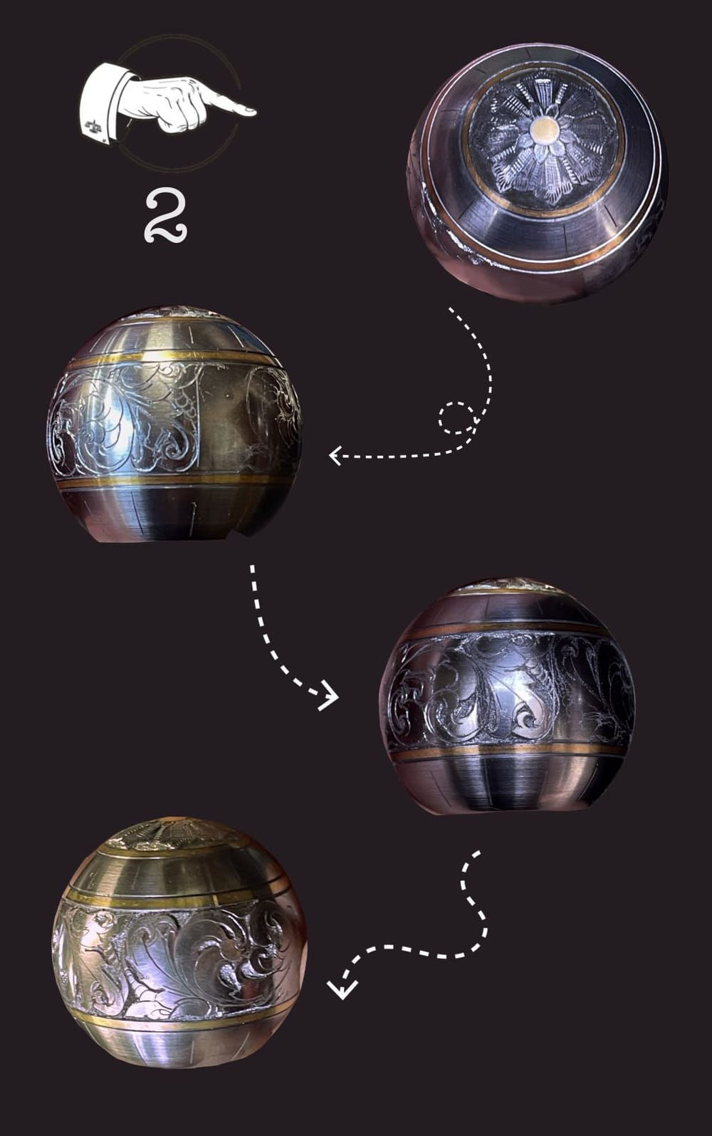 Chart 2: successive stages of engraving scrollwork on a bolt knob