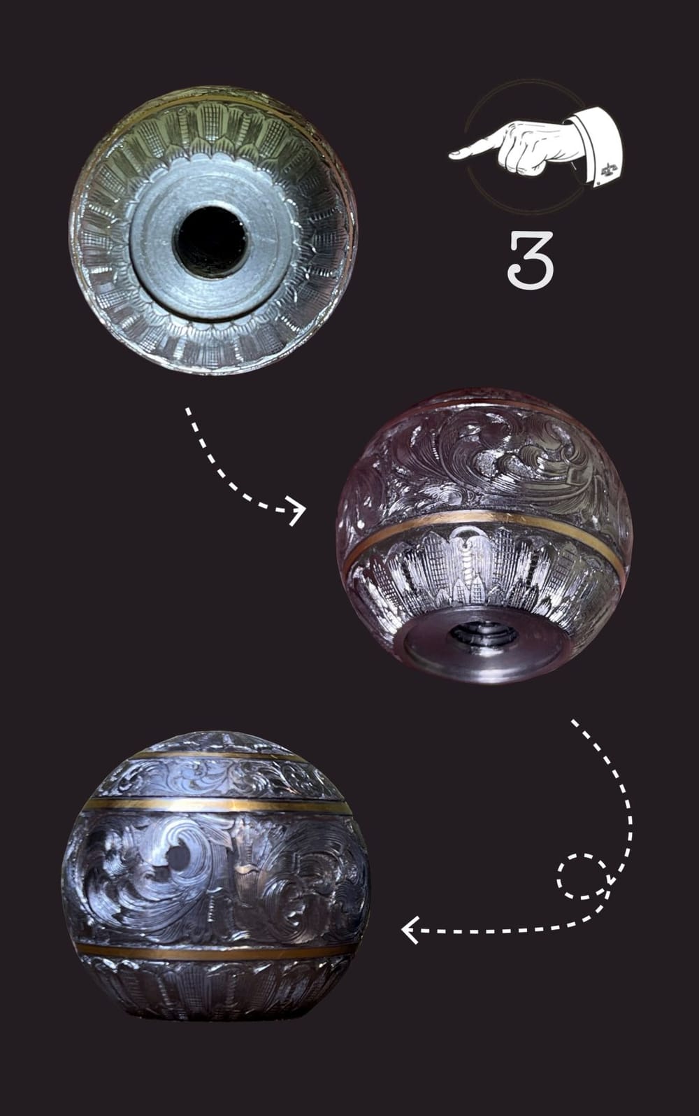 Chart 3: successive stages of engraving the bands on a bolt knob