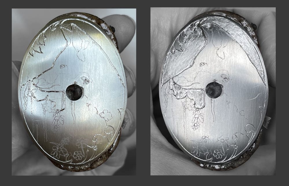 Grip cap with the outline of the fox cut around the screw hole