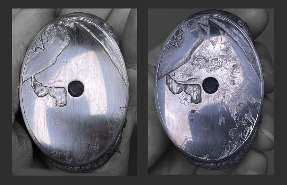 Grip cap with a recessed background and the outline of the fox