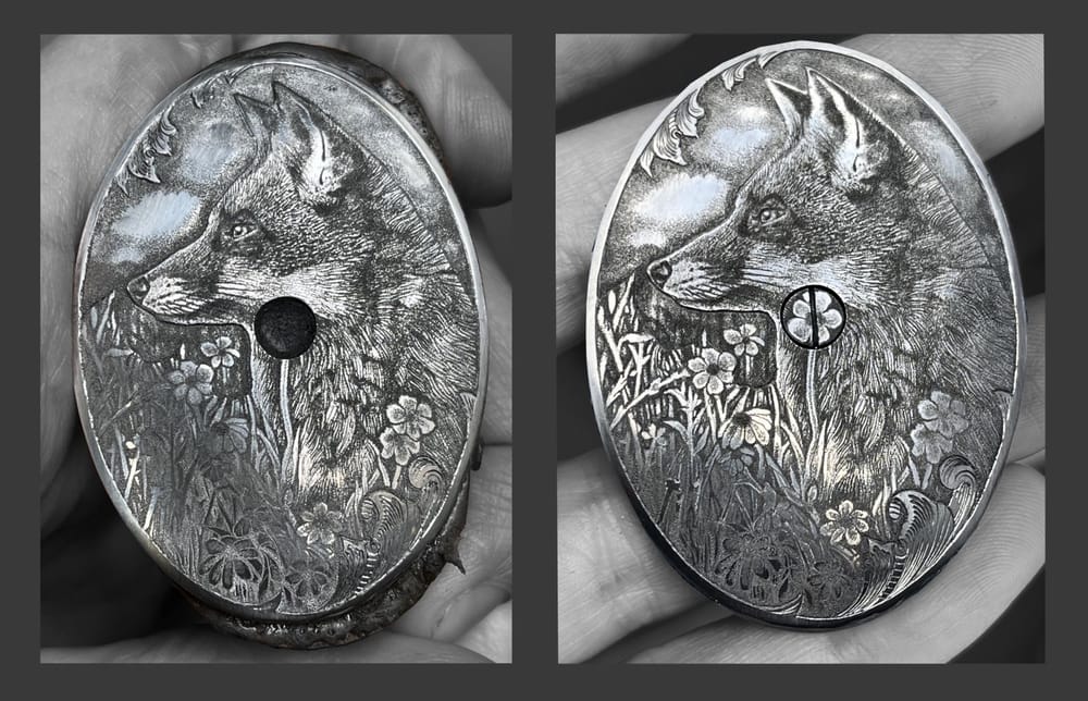 Grip cap with a fox: before engraving with the screw visible, and the finished engraving