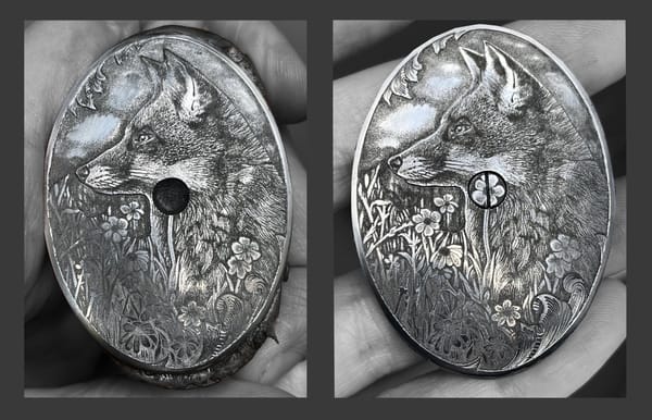 Grip cap with a fox: before engraving with the screw visible, and the finished engraving