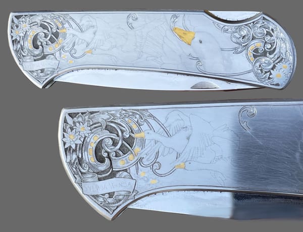 Folding knife with polished gold inlays before shading