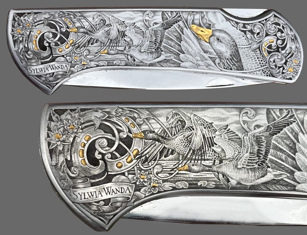 Folding knife engraved with greylag geese, acanthus scrollwork and gold inlays