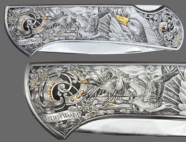Folding knife engraved with greylag geese, acanthus scrollwork and gold inlays
