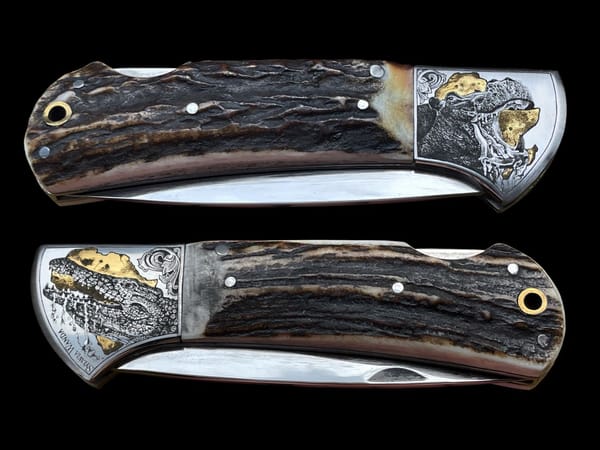 Klappmesser mit Griffschalen aus Geweih und Backen mit Goldeinlagen